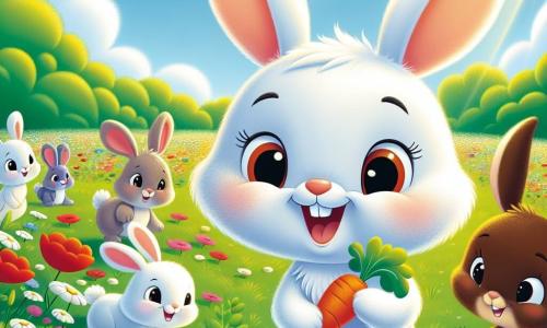 Un lapin blanc nommé Lou, avec de grandes oreilles et un sourire, se tient au centre d'une clairière, tenant une carotte. À côté de lui, un lapin brun nommé Tiko le regarde avec un sourire timide. La clairière est remplie de fleurs colorées, avec des coquelicots et des marguerites dansant sous la brise. Le soleil brille, projetant des ombres sur l'herbe. Lou et Tiko sont entourés d'autres lapins jouant ensemble, créant une atmosphère de camaraderie et de joie, illustrant l'importance de la tolérance et de l'acceptation.