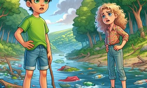 Un garçon de 10 ans, Tom, se tient au bord d'une rivière polluée, affichant une profonde inquiétude. Il est vêtu d'un t-shirt vert et d'un short en jean, tenant un bâton. À ses côtés, Louise, également âgée de 10 ans, regarde la rivière avec désespoir, portant une blouse à fleurs et un pantalon en toile. Le cadre est une forêt luxuriante avec des arbres verts et une rivière troublée par des déchets. Tom et Louise observent la situation, déterminés à trouver une solution pour sauver leur environnement.