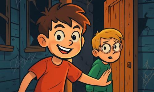Il y a deux personnages principaux : Maxime, un garçon de 8 ans aux cheveux bruns en bataille et aux yeux curieux, portant un t-shirt rouge et un short bleu, se tient près de la porte d'entrée d'une maison abandonnée avec un sourire audacieux. Lucas, également âgé de 8 ans, a les cheveux blonds et des lunettes rondes, vêtu d'un sweat-shirt vert et d'un jean, regarde Maxime avec une expression mêlée d'excitation et d'appréhension. L'histoire se déroule dans une vieille maison abandonnée aux murs en bois décrépis, fenêtres brisées et atmosphère mystérieuse. Maxime, déterminé, pousse la porte, tandis que Lucas, hésitant, jette un dernier regard en arrière, partagé entre excitation et peur.