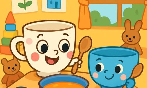 Louna la Petite Tasse est une tasse en porcelaine blanche à pois roses, souriante et courageuse, assise sur une table de jeu avec une cuillère en bois, prête à préparer une soupe imaginaire. À côté, Gaston le Petit Bol, un bol bleu aux joues roses, l'encourage avec un sourire, tenant également une cuillère en bois. La scène se déroule dans une salle de jeux lumineuse, remplie de jouets colorés et de peluches, créant une atmosphère chaleureuse. Louna et Gaston jouent ensemble, entourés de leurs amis, tandis que le soleil éclaire la pièce, montrant que l'amitié et le jeu apportent du réconfort.