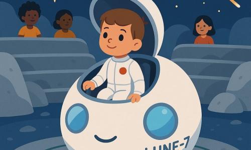 Noé, garçon d'environ 6 ans au visage rond et cheveux châtains courts, en petite combinaison spatiale blanche avec un badge rouge, sort lentement du cockpit ouvert de la navette ronde Lune-7, main sur la poignée, le regard émerveillé vers les gradins; la navette, coque blanche aux deux grands hublots bleus et sourire dessiné, est stationnée au centre d'une plateforme circulaire d'un amphithéâtre d'astéroïdes aux gradins gris-argentés luisants, des comètes orange et blanches traversent le ciel spatial bleu nuit étoilé, ambiance calme et sûre, couleurs douces, composition centrée et formes simples.