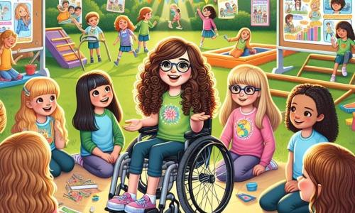 Clara, une fille de 11 ans avec des cheveux châtains bouclés et un sourire éclatant, est assise dans son fauteuil roulant, entourée de ses amies. À sa droite, Lila, 11 ans, aux cheveux longs et blonds, porte un t-shirt coloré et gesticule en parlant de leur projet. À gauche, Sarah, 10 ans, avec des lunettes et des cheveux raides, tient une affiche colorée sur le handicap, tandis qu'Emma, 11 ans, aux cheveux bruns et frisés, montre un schéma scientifique. La scène se déroule dans la cour de l'école, ensoleillée, avec des arbres en arrière-plan et des enfants jouant. Clara et ses amies expliquent leur projet de sensibilisation au handicap à leurs camarades, qui les écoutent attentivement dans une atmosphère joyeuse et accueillante.