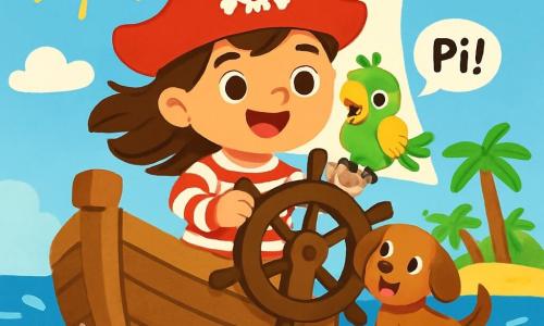 Une jeune fille, Capitaine Lila, souriante, porte un chapeau de pirate rouge et une chemise à rayures. Ses cheveux bruns volent au vent tandis qu'elle tient la barre de son bateau en bois. À ses côtés, Pip, un perroquet coloré, est perché sur son épaule, criant joyeusement « Pii ! ». Un petit chien, Lu, avec un pelage marron, se tient sur le pont, remuant la queue. Le bateau navigue sur une mer bleue avec des vagues blanches. Le ciel est ensoleillé avec quelques nuages. Au loin, une île tropicale avec des palmiers et du sable doré se dessine. Lila, Pip et Lu sont en pleine aventure, prêts à découvrir l'île mystérieuse, impatients de vivre de nouvelles péripéties.