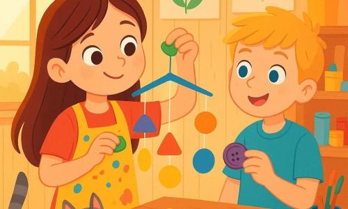 Une jeune fille, Lina, avec de longs cheveux bruns et des yeux curieux, est joyeuse en assemblant un mobile coloré dans son atelier. Elle porte un tablier taché de peinture et tient un bouchon en plastique vert. À côté, Tom, un garçon de 8 ans aux cheveux blonds, l'observe avec un sourire, prêt à ajouter un bouton coloré au mobile. Plume, un chat gris, les regarde avec curiosité. L'atelier lumineux, avec des murs en bois clair et des dessins d'enfants, est rempli de matériaux artistiques. La scène montre Lina et Tom en pleine création, entourés de couleurs vives, tandis que le mobile prend forme.