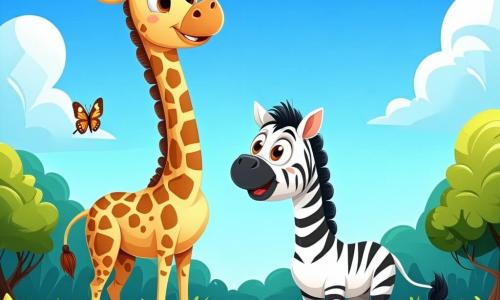 Une girafe nommée Lila, grande et élégante, avec un pelage doré et des taches brunes, se tient joyeusement sous un ciel bleu. Ses grands yeux expriment la curiosité. À côté d'elle, Zazu le zèbre, avec ses rayures noires et blanches, regarde un trou dans le sol, inquiet. Ils se trouvent dans une savane verdoyante avec des arbres majestueux et des fleurs colorées. Lila utilise son pouvoir magique pour sauver Zazu en faisant apparaître une branche qui couvre le trou, illustrant ainsi la solidarité et l'amitié.