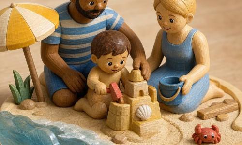 Garçon de 4 ans, heureux, visage rond, cheveux bruns courts, tient une petite pelle rouge et construit un château de sable en bois peint beige et jaune ; à côté, la mère (~30 ans) cheveux blonds en chignon, souriante, tient un petit seau bleu en bois et le regarde ; derrière, le père (~32 ans) barbe courte, t-shirt rayé bleu et blanc en bois peint, pose la main sur l’épaule du garçon de façon protectrice ; décor : plage miniature avec sable crème texturé, vague en bois translucide bleu clair avec retouches blanches, coquillage nacré sur le château, petit crabe rouge en bois au loin, parasol rayé jaune et blanc planté dans le sable ; scène matinale, ombres douces, couleurs chaudes, style diorama de jouets en bois vu légèrement en plongée.