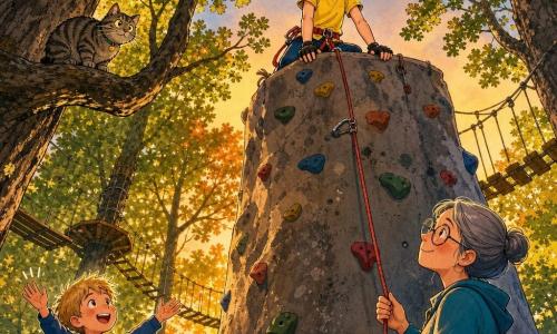 Lila, 10 ans, souffle court et rayonnante, cheveux châtain clair en deux couettes, mains gantées sur la dernière prise d’un mur d’escalade, t-shirt jaune, pantalon bleu marine et harnais rouge; Thomas, 10 ans, cheveux blonds, souriant et applaudissant en bas; Mme Dupont, ~50 ans, cheveux gris en chignon et lunettes, tient la corde d’assurage avec un air bienveillant; le chat tigré Minuit est posé sur une grosse branche proche; parc d’aventures en forêt au crépuscule, grands chênes, passerelles suspendues et lumière dorée; Lila au sommet prête à se lancer en rappel, fière et un peu tremblante.
