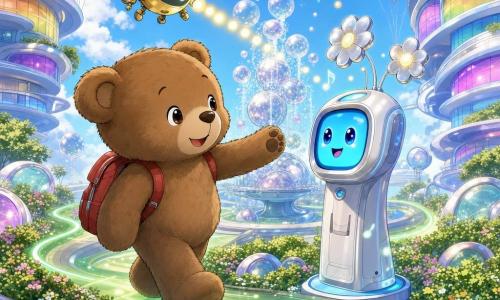 Oskar, grand ours en peluche brun au pelage doux et souriant, porte un petit sac à dos rouge et tend la patte vers une borne parlante blanche à écran bleu et antennes en forme de fleurs; un drone-luciole doré projette des points de lumière au-dessus de lui, une fontaine souffle des bulles irisées et des rubans lumineux s'illuminent verts sous ses pas dans un parc suspendu entre deux immeubles futuristes, créant une atmosphère douce, lumineuse et pétillante aux couleurs pastel.