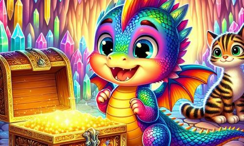 Galo, un dragon miniature aux écailles colorées, se tient devant un coffre ancien, les yeux brillants d'excitation. Ses ailes sont légèrement déployées, prêt à découvrir le trésor. À ses côtés, un chat sauvage au pelage tigré observe avec surprise, assis sur une pierre. La scène se déroule dans une caverne mystérieuse aux murs scintillants, avec des stalactites en cristal et des ombres dansantes. Galo s'apprête à ouvrir le coffre orné de motifs dorés, d'où émane une lueur promettant des merveilles.