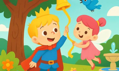 Un prince nommé Léo, aux cheveux blonds et aux yeux pétillants, porte une petite cape rouge et une couronne dorée, souriant sous un vieux chêne. À ses côtés se trouve une petite fée, Lila, avec des ailes scintillantes et une robe rose, tenant un ruban. Un petit oiseau bleu, Pip, vole autour d'eux. Ils sont dans un jardin enchanteur, rempli de fleurs colorées, de buissons verts et d'une fontaine. Léo et Lila remettent une clochette brillante en haut de l'arbre, tandis que Pip les observe. La scène est magique et joyeuse, avec des couleurs vives.