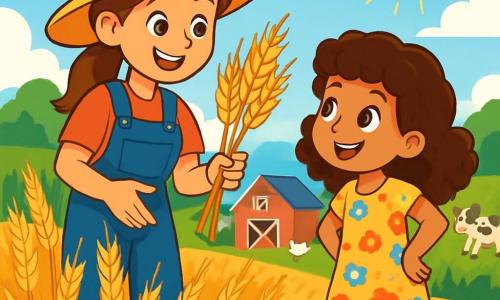Manon, une agricultrice joyeuse d'une trentaine d'années, porte une salopette bleue et un chapeau de paille. Elle montre à Zoé, une petite fille de 8 ans aux cheveux bouclés, comment récolter le blé. Zoé, vêtue d'une robe à fleurs, l'écoute attentivement. La scène se déroule dans un champ de blé doré sous un ciel bleu avec des nuages blancs. En arrière-plan, une ferme avec une grange rouge et des animaux est visible. Manon explique avec passion la récolte des épis dorés, tandis que le soleil se lève à l'horizon.