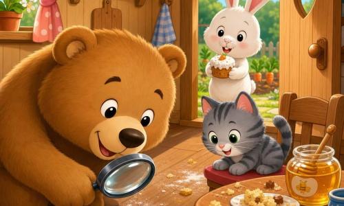 Ours brun clair, grand et doux, yeux noirs, tient une loupe et examine une petite empreinte de farine au sol, visage curieux et souriant ; chat petit gris rayé aux yeux verts, assis près de la table, regarde les miettes et sourit ; lapin blanc aux longues oreilles, museau poudré de farine, tient un petit gâteau dans l'embrasure de la porte, joyeux et espiègle ; cuisine en bois chaleureuse avec table ronde, miettes, pot de miel ouvert et farine au sol, porte entrouverte sur un jardin avec des carottes ; ambiance joueuse, lumière douce et couleurs chaudes.
