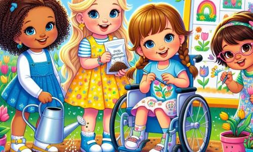 Dans un jardin ensoleillé, quatre amies célèbrent le printemps. Lila, cinq ans, tient un sachet de graines et sourit. Mia, également cinq ans, arrose des fleurs avec un arrosoir. Zoé peint des pots de fleurs colorés, tandis que Sam, dans son fauteuil roulant, peint des étoiles sur un pot. Le jardin est rempli de tulipes colorées et d'un panneau décoré des traditions du printemps. Les amies s'amusent ensemble, créant des souvenirs joyeux en plantant des fleurs et en décorant des pots.