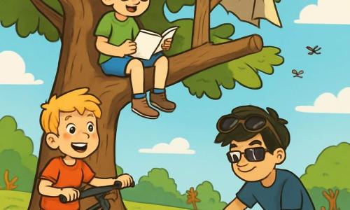Il y a trois personnages : Élio, un garçon de 10 ans aux cheveux bruns en bataille et lunettes rondes, assis sur une branche d'un tilleul, avec un carnet sur les genoux ; Paul, également âgé de 10 ans, aux cheveux blonds et taches de rousseur, debout à côté de l'arbre avec un vélo ; et Sami, avec des cheveux noirs et lunettes de soleil, accroupi près d'un tas de feuilles pour trier des déchets. L'action se déroule dans un parc ensoleillé avec un grand tilleul, des fleurs colorées et des enfants jouant au loin. Les trois amis discutent joyeusement de la protection de la planète et célèbrent leurs petites victoires pour le climat.