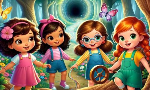 Dans une forêt enchantée, quatre petites filles de cinq ans, Lila, Zoé, Mia et Clara, se préparent pour une aventure magique. Lila, en robe rose, tient une roue en bois. Zoé, en t-shirt jaune, sourit en tenant une ficelle colorée. Mia, en salopette bleue et lunettes rondes, admire une fleur scintillante. Clara, en robe verte, désigne une noix d'or brillante dans un trou mystérieux. La forêt est pleine d'arbres majestueux et de fleurs multicolores, tandis que des papillons dansent dans l'air. Les quatre amies sont prêtes à plonger dans le trou sombre pour retrouver la noix d'or perdue de l'écureuil.