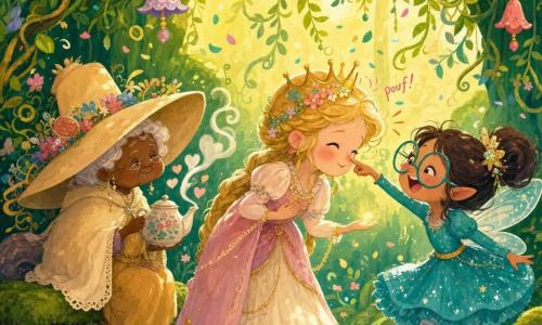 La princesse sourit, un peu gênée, visage rond, joues roses, cheveux blonds en tresses, couronne en or penchée à fleurs ; elle s’incline doucement, une main sur le cœur, l’autre offrant un petit geste lumineux. Lili-Paillette, fée espiègle d’environ 10 ans, petite, lunettes rondes trop grandes et robe turquoise à paillettes, rit à côté d’elle en tapotant le bout de son nez. Madame Gaufrette, vieille femme minuscule et bienveillante au grand chapeau et cape vanille, est assise sur un banc de mousse à gauche, tenant une théière d’où s’échappent des cœurs de vapeur et regardant les filles avec douceur. Le décor est une pergola verdoyante et chaleureuse : lianes pendantes, rubans de feuilles, clochettes fleuries, mousse au sol et taches de lumière dorée ; l’entraînement de révérence est amusant — le nez de la princesse fait un petit « pouf » sans éclabousser, les lianes semblent la chatouiller et des confettis légers volent autour, ambiance tendre et drôle en couleurs pastel vives, texture gouache apparente.