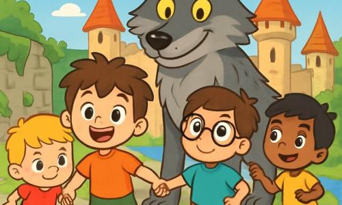 Cinq personnages se tiennent dans une cour de château enchanté : Éloi, un garçon de 6 ans aux cheveux bruns en bataille et aux yeux curieux, est au centre avec un grand sourire ; Malo, également âgé de 6 ans, a les cheveux blonds et une expression déterminée ; Tom, avec des cheveux châtains et des lunettes rondes, regarde le château avec émerveillement ; Hugo, aux cheveux noirs et à la peau mate, sourit en pointant le château. Derrière eux se trouve le grand méchant loup, une créature imposante mais amicale. L'environnement est magique, avec des murs de pierre recouverts de mousse, de grandes tours, une rivière scintillante et des fleurs colorées. Les enfants, main dans la main, font face au loup avec détermination et excitation, le château brillant en arrière-plan sous un ciel bleu.
