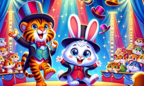 Loulou, un petit lapin aux grandes oreilles et au pelage blanc, saute joyeusement sur scène avec un chapeau haut de forme trop grand, souriant d'excitation. À ses côtés, un tigre aux rayures scintillantes, portant un chapeau de magicien, regarde Loulou avec amusement, tenant un foulard coloré. Le décor est un chapiteau de cirque aux rayures rouges et bleues, avec des lumières scintillantes et des animaux spectateurs captivés. Loulou jongle maladroitement avec des chapeaux, tandis que le tigre l’encourage, créant une atmosphère magique et joyeuse.