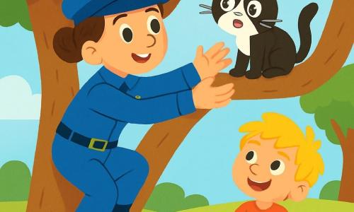 Une policière souriante, Julie, est une femme aux cheveux bruns attachés en chignon, portant un uniforme bleu vif et un chapeau. Elle grimpe doucement dans un arbre. Un petit chat noir et blanc, Max, est perché sur une branche, miaulant doucement. En bas, Léo, un garçon de 6 ans aux cheveux blonds en bataille, l'observe avec admiration, les bras croisés. La scène se déroule dans un parc ensoleillé, avec des arbres verdoyants et un ciel bleu clair. Julie tend les bras vers Max, prête à le sauver, tandis que Léo l'encourage avec un sourire plein d'espoir.