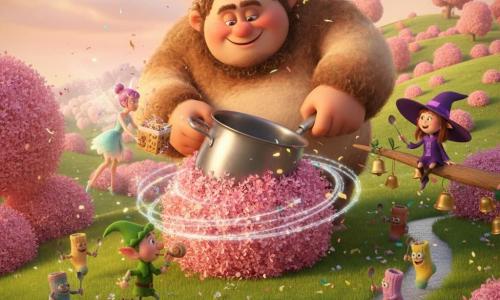 Gromm, un grand géant rond et joyeux à la peau terre claire et aux cheveux en touffes, pose une grande casserole brillante au centre en souriant; Lila, petite fée en robes pastel, lui tend une boîte de biscuits remplie de rubans de lumière tandis que Pim, lutin vert aux bottines à ressorts, souffle dans un sifflet en coquille et court au premier plan, et Zora, minuscule sorcière au chapeau trop grand, rit doucement en remuant avec une cuillère-baguette assise sur une branche; autour, de petites chaussettes animées tapent des cuillères sur des grelots et dansent sur la Colline des Grelots — herbe verte parsemée de clochettes, buissons rose barbe-à-papa scintillants, sentier argenté et ciel pêche — alors que la casserole, coincée dans un buisson de barbe-à-papa, tourne joyeusement pendant que le groupe crée une mini-fanfare colorée et confettée, ambiance chaleureuse et ludique.