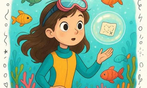 Une fille de 8 ans, Lina, avec des cheveux bruns flottants, porte une combinaison de plongée colorée et un masque sur le front. Elle regarde avec émerveillement une bulle brillante devant elle, qui contient une petite carte. Des poissons multicolores nagent autour, leurs écailles scintillant sous l'eau. Le fond marin est un jardin de corail rose, vibrant, avec des algues et des anémones colorées. L'eau turquoise est éclairée par des rayons de soleil.
