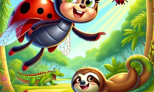 Lila, une coccinelle joyeuse au corps rouge vif et aux taches noires, vole avec enthousiasme au-dessus d'une clairière ensoleillée, prête à organiser une journée de jeux avec ses amis. À côté d'elle, Brutus le paresseux, suspendu à une branche, affiche un sourire endormi tout en se préparant à participer à la course. Léonard le crocodile, allongé sur le sol, rit en attendant son tour. La scène se déroule dans une clairière verdoyante entourée d'arbres majestueux et de fleurs colorées, créant une ambiance festive. Lila, pleine d'énergie, rassemble ses amis pour une journée de jeux hilarants dans cette jungle magique.