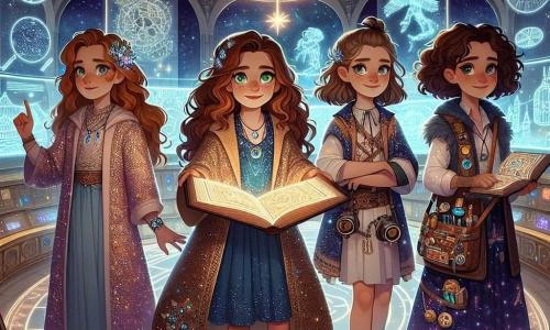 Au centre de la scène, quatre filles de onze ans se tiennent ensemble, chacune avec une expression déterminée. Amaya, aux longs cheveux auburn et yeux verts, porte une robe scintillante et tient un livre magique ouvert. À sa droite, Clara, aux cheveux blonds courts, est en combinaison futuriste avec des circuits lumineux et observe un hologramme de machines. Noémie, avec des cheveux bouclés bruns et en tunique étoilée, pointe une constellation brillante. Élise, aux cheveux châtains en queue de cheval et portant un gilet d'outils, sourit avec une carte stellaire. Elles se trouvent dans la Chambre du Conseil, une salle circulaire aux murs scintillants et ornée de cristaux luminescents. Les filles se rassemblent pour partager leurs découvertes sur l'harmonie entre magie et technologie, prêtes à unir les communautés de la Station des Étoiles Brisées pour rétablir l'équilibre.