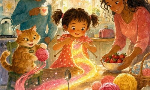 Une fillette de 4 ans, joyeuse et concentrée, cheveux bruns en couettes, porte une robe à pois corail et tricote une « écharpe d’aurore » lumineuse faite de rubans de lumière roses et jaunes; un chat roux nommé Pistache, aux yeux verts, joue à gauche avec une pelote qui déroule une trace rose sur le sol. La mère, souriante, cheveux lâchés, pose à droite un bol de fraises rouges sur la table en bois clair couverte de pelotes et d’ustensiles tandis que le père, en arrière‑plan, tient une tasse de chocolat chaud et regarde la scène; la petite cuisine chaleureuse est baignée d’un ruban de lumière matinale qui s’enroule dans la laine, rendant l’instant magique, drôle et tendre.