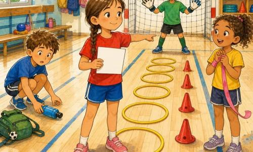 Lina, 6 ans, calme et fière, sourire confiant, cheveux châtains en natte, t-shirt rouge et short bleu, tient une carte « Capitaine » et indique le parcours ; Malo, ~6 ans, gêné, cheveux courts bruns, accroupi pour ramasser une gourde près d’un sac vert à gauche ; Sam, ~6 ans, serein et concentré, t-shirt vert et gants de gardien un peu grands, debout derrière pour protéger le but ; Inès, ~6 ans, étonnée et joyeuse, cheveux bouclés, tient un ruban rose et regarde Lina avec admiration à droite. Lieu : salle de sport lumineuse, sol en lattes claires, cerceaux jaunes, plots rouges, lignes bleues, bancs et sacs en arrière-plan. Scène : parcours d’obstacles guidé par Lina, expressions claires, gestes précis, couleurs vives et ambiance chaleureuse.