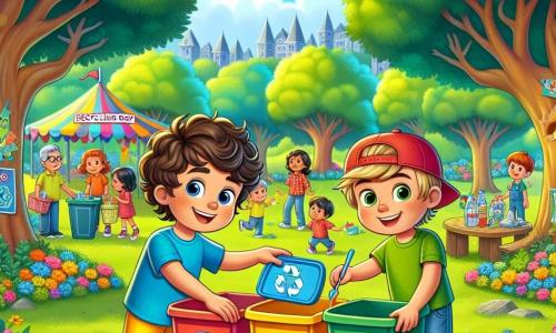 Deux garçons, Louis et Tom, se tiennent au centre d'un parc ensoleillé. Louis, 8 ans, a des cheveux bouclés et bruns, il porte un t-shirt bleu et un short jaune, tenant une affiche "Journée du Recyclage". À côté, Tom, également 8 ans, a des cheveux lisses et blonds, il porte un bonnet rouge, un t-shirt vert et un short en jean, souriant tout en montrant une poubelle colorée. Le parc est verdoyant avec des arbres majestueux, des fleurs multicolores et des enfants jouant en arrière-plan. Louis et Tom expliquent aux enfants comment trier les déchets avec des poubelles colorées : bleue pour le papier, verte pour le verre, et jaune pour le plastique. L'ambiance festive illustre l'importance de prendre soin de la planète.