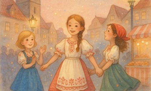 Trois filles de 12 ans dansent au centre d'une petite place pavée de Prague au crépuscule : Anaïs (cheveux châtain clair en tresse, robe folklorique crème à broderies rouges) au centre, souriante et légèrement en avant, Lucie (cheveux blonds courts, jupe bleu vif et corsage fleuri) à gauche qui applaudit en regardant le public, Clara (cheveux bruns bouclés, foulard rouge, jupe verte) à droite tenant la main d'Anaïs et regardant le ciel étoilé ; toits en tuiles orange, lampadaires anciens diffusant une lueur chaude, une horloge médiévale sur une tour à gauche, banderoles et étals de pâtisseries, jupes en mouvement, rires, spectateurs flous, confettis et pétales dans l'air, palette aquarelle douce avec rehauts lumineux sur les pavés humides.