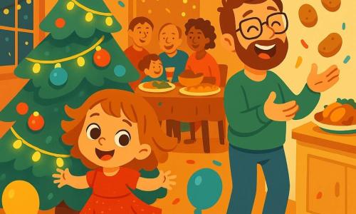 Léa, une petite fille de 4 ans aux grands yeux et au sourire radieux, porte une robe rouge à paillettes et danse joyeusement autour d'un sapin de Noël décoré. Son papa, un homme d'une trentaine d'années avec une barbe brune, jongle maladroitement avec des pommes de terre près de la cuisine, où des plats appétissants sont visibles. La scène se déroule dans un salon chaleureux, illuminé par des guirlandes, avec des ballons et des confettis au sol. Des amis et des membres de la famille partagent des rires autour d'une grande table. Léa célèbre le Nouvel An avec sa famille, attendant le décompte avant minuit dans une ambiance festive.