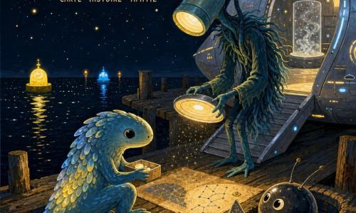 Lùm, myrénien à quatre pattes au dos d'écailles translucides aux couleurs changeantes, calme et curieux, est assis sur une jetée en bois usée, tenant une petite boîte tiède ; Nòx, grand extraterrestre mince à tête-lampe et manteau fibreux, attentif et amical, penché près de la rampe d'un vaisseau ovale métallique posé au bout de la jetée, tient un disque-lampe projetant une lumière douce ; Prrk, petit Kiv rond en verre fumé avec antennes fines, timide et reconnaissant, est visible entre les planches et montre un triangle de métal couvert de symboles ; le vaisseau a une coque argentée aux lignes lumineuses et un intérieur nacré d'où s'échappe une brume argentée ; autour, mer sombre parsemée d'étoiles réfléchies, bouées lointaines et air salin ; scène tranquille de partage — ils échangent une graine de constellation, une carte et une histoire sous une lumière chaude, dans une atmosphère d'amitié et de découverte.