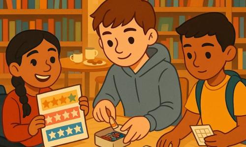 Trois enfants organisent un stand pour un "Goûter des Talents" dans une médiathèque chaleureuse : Léo (≈12 ans) cheveux châtains courts, hoodie gris, bracelet de douze perles, au centre, penché sur une table en train de former des paquets de dix tickets qu’il serre avec des trombones rouges, bleus et verts pris dans une petite boîte ouverte ; Inès (≈12 ans) cheveux noirs en tresse, en fauteuil roulant à gauche, souriante et malicieuse, tend une affiche colorée montrant des bandes d’étoiles à colorier pour les scores ; Malik (≈13 ans) peau mate, coupe courte, T‑shirt jaune, sac à dos derrière lui à droite, aligne des paquets de tickets et vérifie une feuille à cases ; en arrière‑plan, grandes étagères en bois remplies de livres, tables claires couvertes de tickets, feutres et affiches, lampe suspendue diffusant une lumière chaude, ambiance concentrée, joyeuse et inclusive, couleurs vives et traits rassurants.