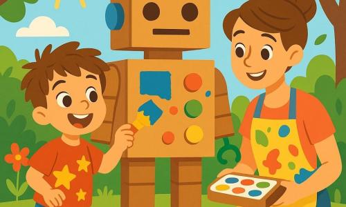 Lucas, un petit garçon de 4 ans aux cheveux bruns en bataille et aux yeux pétillants, peint un grand robot en carton dans un jardin ensoleillé. Il porte un t-shirt rouge avec des étoiles jaunes et un short bleu, affichant une grande excitation. Sa maman, une femme d'une trentaine d'années avec des cheveux châtains en chignon, l'encourage en tenant une boîte de peinture, vêtue d'un tablier coloré. Ensemble, ils créent un robot géant décoré de boutons colorés et de cure-pipes, tandis que Lucas rit, enthousiaste pour son cadeau spécial pour la fête des pères.