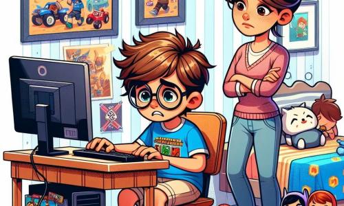 Au centre de l'image, un garçon de 10 ans, Lucas, avec des cheveux bruns en bataille et des lunettes rondes, exprime tristesse et détermination. Il porte un t-shirt bleu à motif de jeu vidéo et un short beige, assis à son bureau, les mains sur le clavier, regardant l'écran avec une expression préoccupée. À sa droite, sa maman, une femme d'une trentaine d'années avec des cheveux châtains en chignon, le regarde avec bienveillance. Elle porte un pull rose et un jean, prête à l'écouter. En arrière-plan, une chambre d'enfant colorée, avec des posters de jeux vidéo, un lit aux motifs de super-héros et des jouets éparpillés, crée une ambiance chaleureuse mais chaotique. Lucas lit un message sur son ordinateur, affecté par des mots méchants, tandis que sa maman s'approche pour lui offrir réconfort et encouragement.