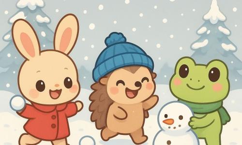 Noisette le lapin, avec ses oreilles douces et son manteau rouge, joue joyeusement dans la neige. À ses côtés, Malo le hérisson, portant un bonnet bleu, rit en lançant une boule de neige. Lila la grenouille, avec une écharpe verte, sourit en construisant un bonhomme de neige. Le paysage est enneigé avec des arbres blancs et un ciel gris clair. La scène principale montre une bataille de boules de neige amicale entre les amis, entourés de flocons tombant doucement.