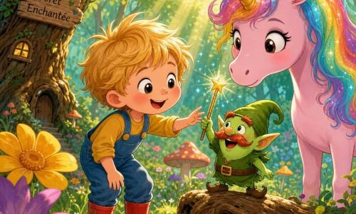 Timothée, garçon de 4 ans, cheveux blonds en bataille, joues rondes et grand sourire émerveillé, en salopette bleue et bottes rouges tend la main vers Lulu, petit lutin vert au corps rond et moustache rousse perché sur une racine, qui brandit joyeusement sa baguette magique brillante; une grande licorne rose à la crinière arc‑en‑ciel scintillante, aux yeux doux, se tient en retrait à droite en reniflant la baguette; la scène se déroule dans une clairière ensoleillée d'une forêt enchantée, herbe haute, fleurs et champignons colorés, rayons de lumière entre les arbres, ambiance tendre et humoristique, couleurs vives, contours nets et expressions exagérées.