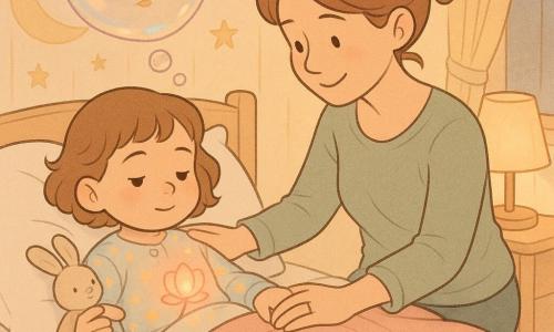 Fille de 2 ans au visage serein, yeux noisette, joues rondes, cheveux bruns bouclés coupés au carré, en pyjama pastel à motifs d’étoiles, allongée dans son lit en coton blanc et serrant un petit lapin beige contre sa poitrine; la maman d’environ 30 ans, cheveux châtain en chignon lâche et sourire doux, est assise au bord du lit et rabat une couverture en laine rose en posant la main sur l’épaule de sa fille; une petite fleur lumineuse aux pétales rose-orangés orne le ventre de l’enfant et une grande bulle translucide, irisée, flotte au‑dessus de sa tête avec de minuscules feuilles dorées qui s’éloignent; chambre chaleureuse aux murs crème avec un grand motif lune et étoiles, lit en bois clair, lampe de chevet diffuse une lumière ambrée et rideaux agités par une brise légère — ambiance calme, pastels chauds et textures douces, magie rassurante centrée sur la fillette veillée par sa mère.