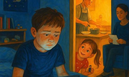 Noé, 12 ans, assis sur son lit éclairé par la lueur bleue d’une tablette, visage rond et taches de rousseur, regarde penché; sa sœur d’environ 7 ans, en robe rouge à pois, coiffée en couettes, sourit dans l’encadrement de la porte en tenant une minifigurine Lego; le père, tablier rayé, sert des pâtes dans la cuisine baignée d’une lumière chaude orange, tandis que la mère, cheveux attachés, est assise à distance avec une liste de courses, dans l’ombre douce du salon; la chambre semi-obscure, couvertures en lin bleu, posters d’astronomie et Legos au sol, ouvre sur la cuisine; fort contraste entre la froideur de la tablette et la chaleur du foyer, créant une atmosphère intime de tiraillement, rendue en acrylique aux couleurs saturées et coups de pinceau visibles.