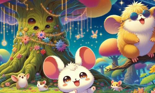 Nibou, un petit personnage aux grandes oreilles et au pelage duveteux, danse joyeusement sous un arbre géant aux feuilles colorées, avec un sourire éclatant. À ses côtés, Glouglou, un hamster doré, rit de bon cœur sur une pierre, visiblement excité. Ils se trouvent dans un village magique rempli de fleurs géantes, de rivières scintillantes et d'arbres en sucre, sous un ciel étoilé où des lucioles dansent. Nibou et Glouglou s'amusent ensemble, entourés d'animaux souriants, en essayant de faire rire une tortue portant des lunettes de soleil et un chapeau en paille, qui éclate de rire grâce à une plume magique que Nibou tient.