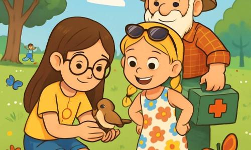 Trois personnages sont présents : Léa, une fille de 9 ans aux longs cheveux bruns et lunettes rondes, accroupie avec un petit oiseau dans les mains, affichant un regard doux. Zoé, également âgée de 9 ans, a des cheveux blonds en tresses, des lunettes de soleil sur la tête, et porte une robe à fleurs colorées, se tenant à côté de Léa avec un sourire enthousiaste. Monsieur Pierre, un homme âgé à la barbe blanche et chapeau de jardinier, est derrière elles avec une trousse de soins pour animaux. L'action se déroule dans un parc verdoyant, ensoleillé, où Léa et Zoé s'emploient à sauver un oiseau blessé, évoquant camaraderie et respect pour la nature, avec des couleurs vives et des expressions transmettant un message d'espoir pour l'environnement.