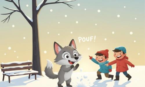 Un petit loup enfantin au pelage gris doux, grandes oreilles rondes et queue touffue rit, surpris et joyeux tandis qu'une boule de neige éclate en nuage blanc près de ses pattes; deux enfants en arrière à droite, bonnets rouge et bleu et manteaux épais — l’un accroupi lançant la boule, l’autre riant et pointant —, une barrière en bois basse et un banc enneigé à gauche, un gros arbre sans feuilles, des traces de pas dans la neige, flocons blancs qui tombent et ciel bas doré du soleil d’hiver créant une lumière chaude en contre-jour; composition simple aux couleurs pastel (gris chaud, bleu pâle, touches de rouge) capturant un moment drôle et tendre.