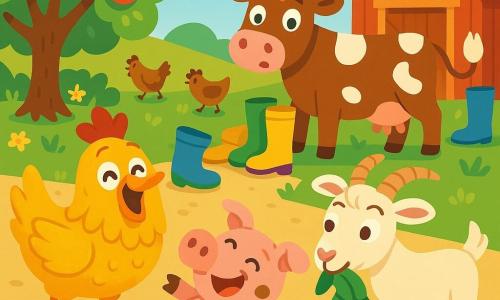Une poule nommée Poupoule, avec des plumes dorées et des yeux pétillants, rit au centre de la scène. À côté, un cochon rose nommé Gaston fait des roulades dans la terre, tandis qu'une chèvre blanche, Simone, grignote une botte en caoutchouc. En arrière-plan, une vache rousse, Marguerite, se tient près d'un tas de bottes colorées. La scène se déroule dans la cour d'une ferme, entourée de champs verdoyants et d'un pommier en fleurs, où les animaux jouent ensemble à cache-cache, avec des œufs colorés dispersés autour d'eux, créant une ambiance joyeuse.