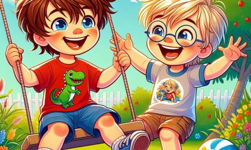 Un petit garçon de 3 ans, Tommy, avec des cheveux châtains en désordre et des yeux pétillants, est assis sur une balançoire dans un parc ensoleillé. Il porte un t-shirt rouge avec un dinosaure et un short bleu, souriant alors qu'il se balançe. À côté de lui, Max, un autre garçon de 3 ans avec des cheveux blonds et des lunettes rondes, rit en tenant un ballon coloré. Ils jouent sur une pelouse verte, entourés d'arbres et de fleurs multicolores, partageant un moment de bonheur et d'amitié.