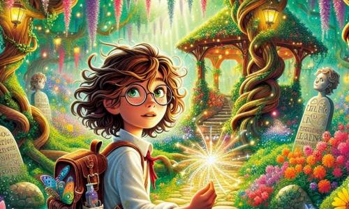 Zoé, une fille de 12 ans aux cheveux châtains bouclés et aux yeux pétillants de curiosité, se tient dans un jardin magique, avec un regard déterminé. Elle porte une robe légère à fleurs et un petit sac à dos rempli d'objets d'aventure, tenant une plume brillante aux reflets arc-en-ciel. Près d'elle, Théo, un garçon de 12 ans aux cheveux blonds en bataille et lunettes rondes, est assis sur un banc en bois, l'air inquiet mais souriant, attendant que Zoé le rejoigne. Le jardin enchanteur est rempli de fleurs éclatantes, de grands arbres noueux, et d’un kiosque envahi de glycines. Des statues de pierre souriantes et un chemin de galets scintillants ajoutent à la magie. Zoé est prête à s'aventurer plus loin pour résoudre une énigme et retrouver son ami, tandis qu'un vent léger fait danser les feuilles autour d'elle.