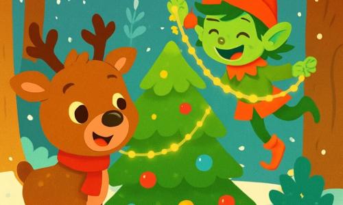 Un renne au pelage brun et aux yeux malicieux se tient au centre, souriant. Il porte un foulard rouge et regarde un lutin farceur. Le lutin, avec sa peau verte et ses cheveux en désordre, rit en étant accroché à une branche, portant un chapeau pointu rouge et tenant une guirlande scintillante. La scène se déroule dans une forêt enchantée, recouverte de neige, avec des lumières dorées et des flocons tombant doucement. Le renne et le lutin décorent un sapin de Noël avec des boules colorées et des guirlandes, riant et s'émerveillant de leur création.
