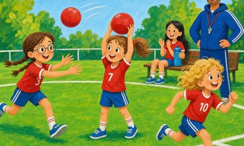 Léa, au centre, joyeuse et concentrée, cheveux châtain clair en queue de cheval, maillot rouge et short bleu, tient le ballon au-dessus de la tête prête à faire une touche; Samira, environ 9 ans, lunettes rondes et tresses, court à gauche vers Léa, enthousiaste, bras prêts à réceptionner; Zoé, environ 8 ans, cheveux blonds bouclés, sourit en courant légèrement à droite vers la zone de but; Emma, environ 9 ans, cheveux noirs lâchés, assise sur le banc à droite, tient une gourde et applaudit; l’entraîneur, homme d’environ 35 ans, debout près du banc, sourit et porte un sifflet; terrain en gazon vert vif avec lignes blanches, petit but au loin, ciel bleu clair avec quelques nuages et arbres bordant le stade; scène : moment de la touche, Léa lance le ballon vers Samira, ballon en vol, expressions heureuses; style : peinture acrylique texturée, coups de pinceau visibles, palette lumineuse et couleurs chaudes, formes simples et rondes, composition claire pour un enfant de 4 ans.