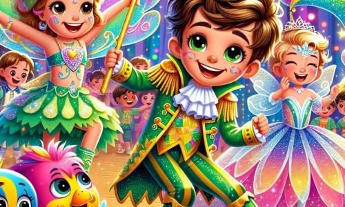 Milo, un garçon de 8 ans avec des cheveux bruns en bataille et un grand sourire, porte un costume de dragon à paillettes vert et or et danse joyeusement sur la scène. À ses côtés, Lila, une fille de 7 ans déguisée en fée des bulles avec une robe rose scintillante et des ailes transparentes, souffle des bulles colorées. Sam, également âgé de 8 ans, est habillé en pirate avec un chapeau noir et une épée en plastique, faisant des grimaces avec son perroquet en peluche. Le gymnase est décoré de guirlandes multicolores et de ballons, créant une ambiance festive. Milo et ses amis préparent leur chorégraphie pour le concours de costumes, entourés de rires et de musique entraînante.