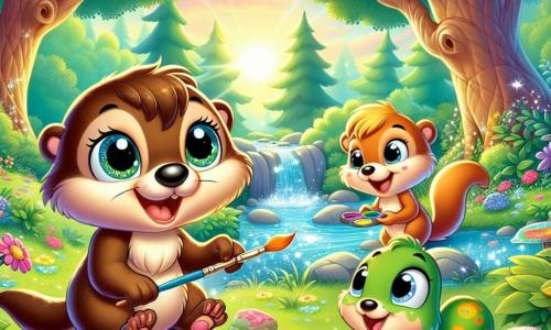 Ficelle, une petite fausse-loutre au pelage doux et brun, est assise sur un rocher dans une clairière ensoleillée, tenant une pierre colorée qu'elle vient de peindre. Elle sourit, pleine de joie. À côté d'elle, Grignote, un écureuil doré aux yeux malicieux, peint une autre pierre en riant. Un peu plus loin, Sauterelle, une petite grenouille verte avec des taches jaunes, saute autour d'eux, admirant leurs œuvres. La scène se déroule dans une clairière magique, entourée d'arbres majestueux et de fleurs colorées, avec un ruisseau scintillant à proximité. Ficelle et ses amis créent des pierres magiques, remplis de bonheur et d'amitié, tout en découvrant la beauté de la nature.